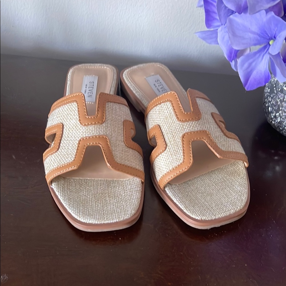 Tan and Cream Steven H-Strap Sandals with Minimalist Design